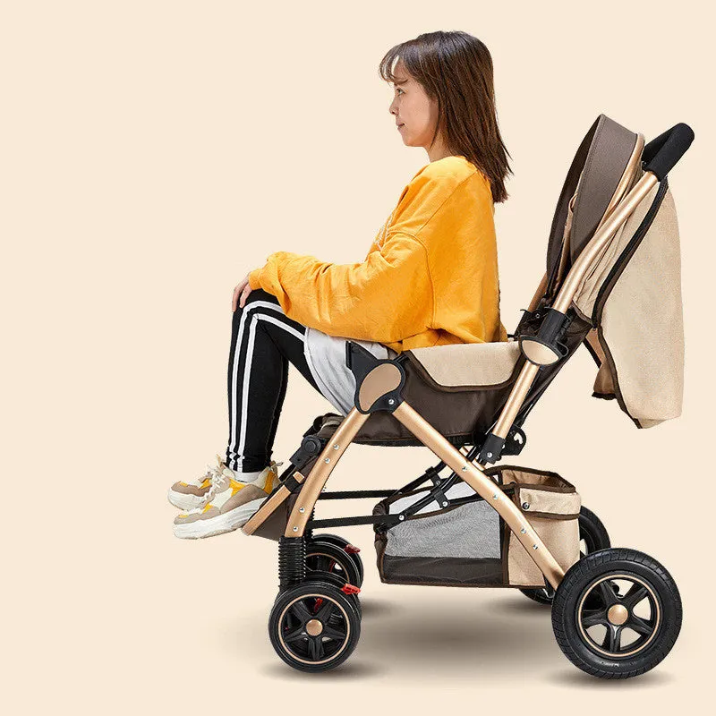 Lightweight folding reversible baby stroller with four-wheel shock absorption in multiple colour options