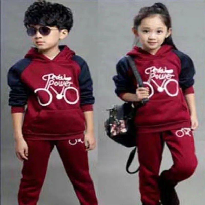 Korean-style long sleeve sweat suit two-piece set for older kids in black, red, or wine red.
