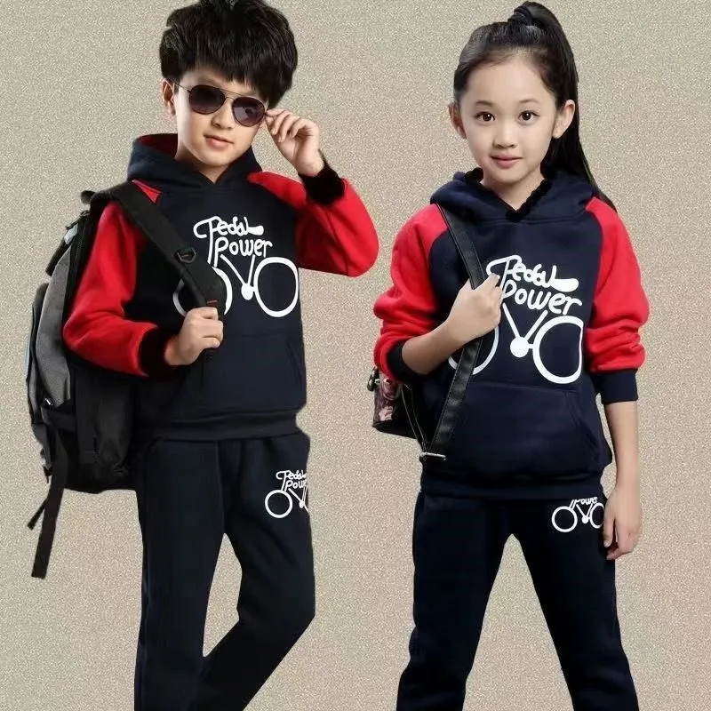 Korean-style long sleeve sweat suit two-piece set for older kids in black, red, or wine red.