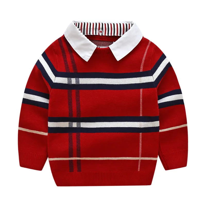 Boys plaid jacquard sweater in apricot colour with long sleeves and pullover design