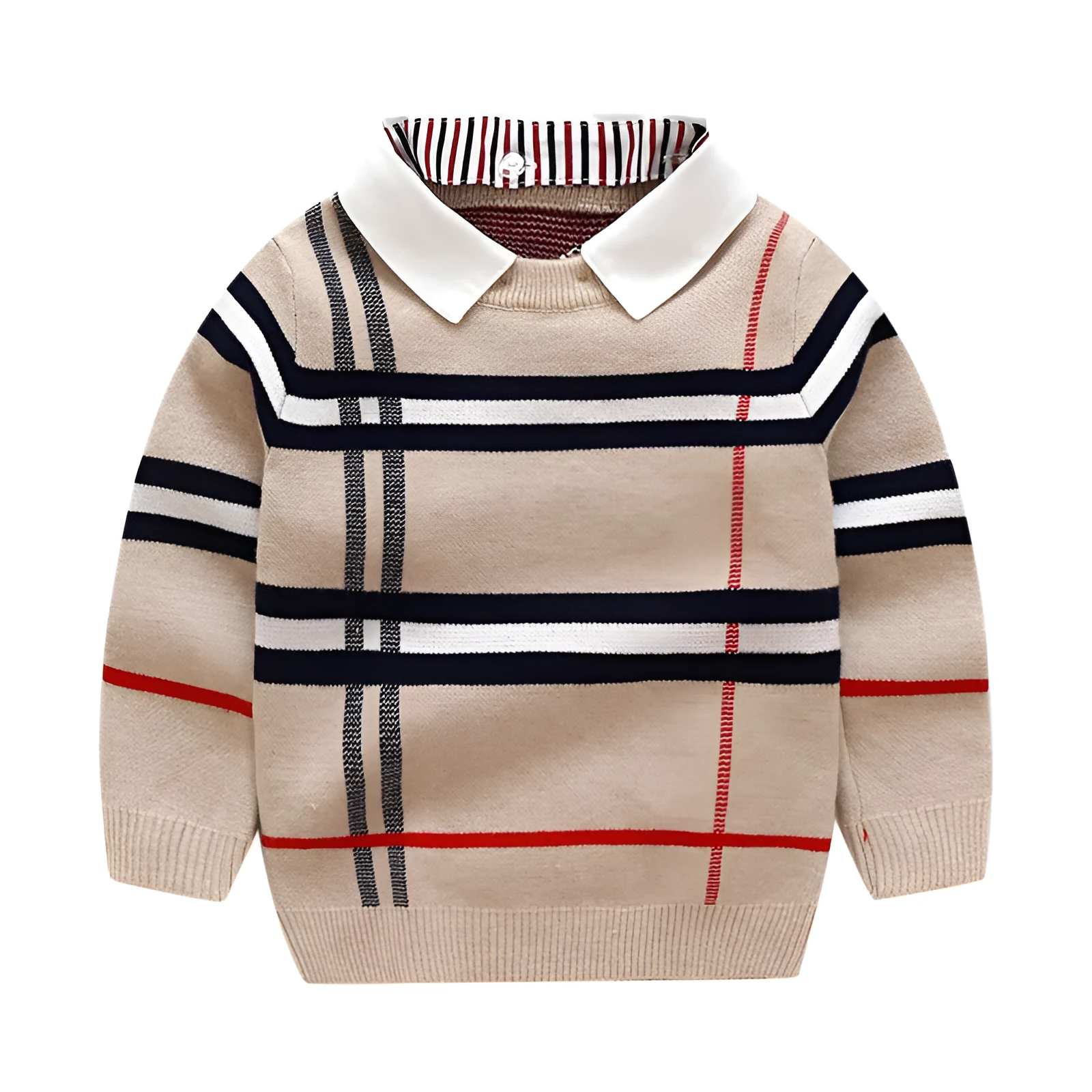 Boys plaid jacquard sweater in apricot colour with long sleeves and pullover design