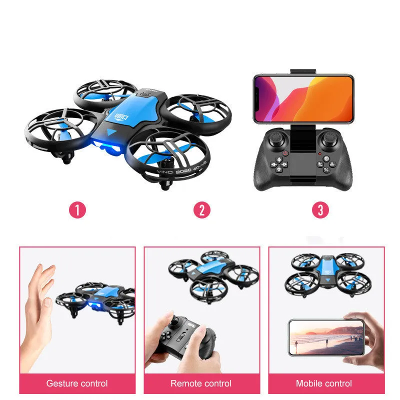Blue mini RC quadcopter drone with propellers on a black background, showing remote control.