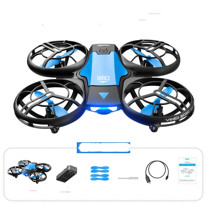 Blue mini RC quadcopter drone with propellers on a black background, showing remote control.