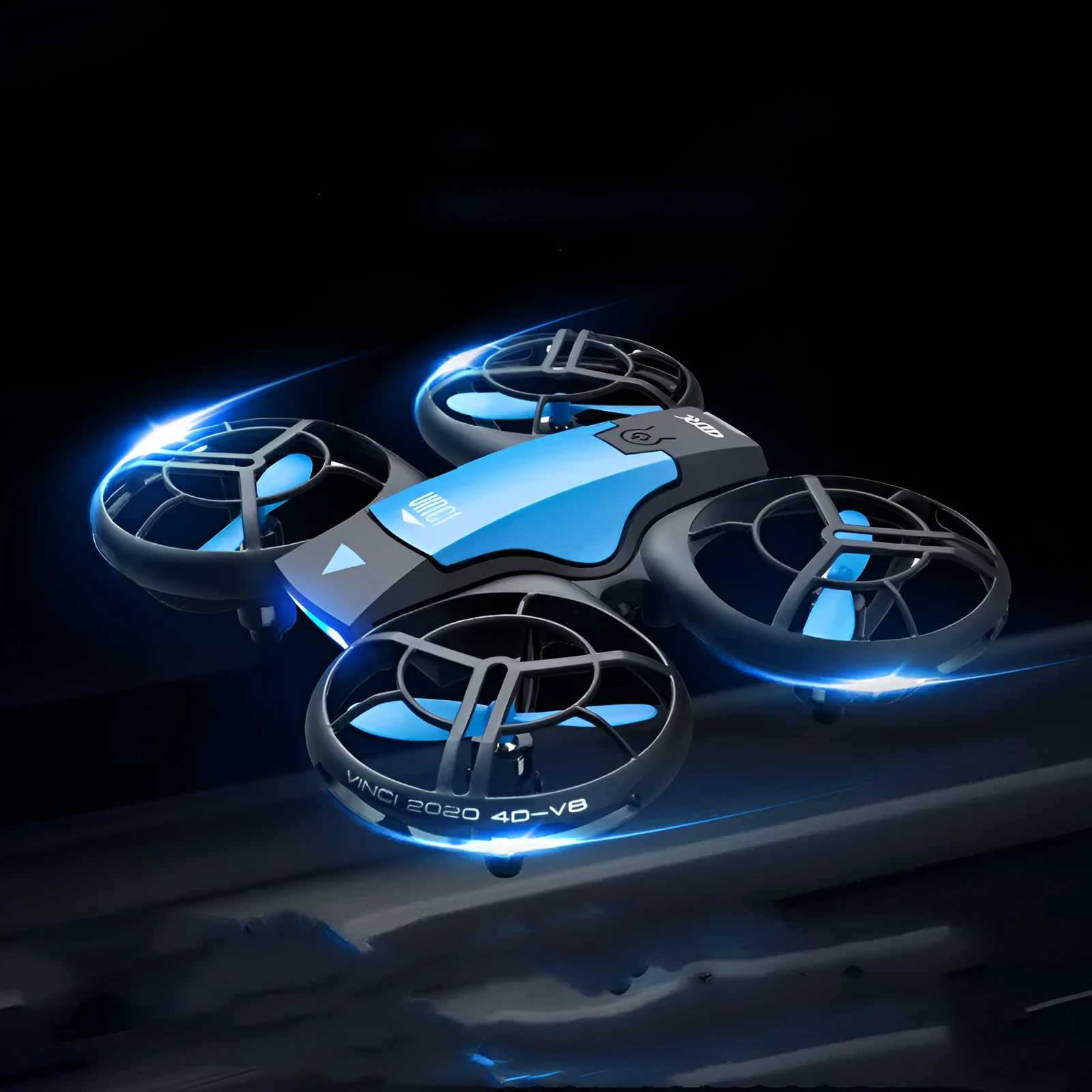 Blue mini RC quadcopter drone with propellers on a black background, showing remote control.