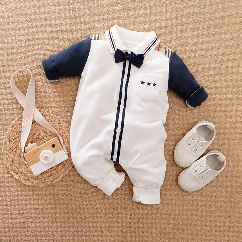 Gentleman-style long-sleeved cotton romper for a baby boy showing size chart