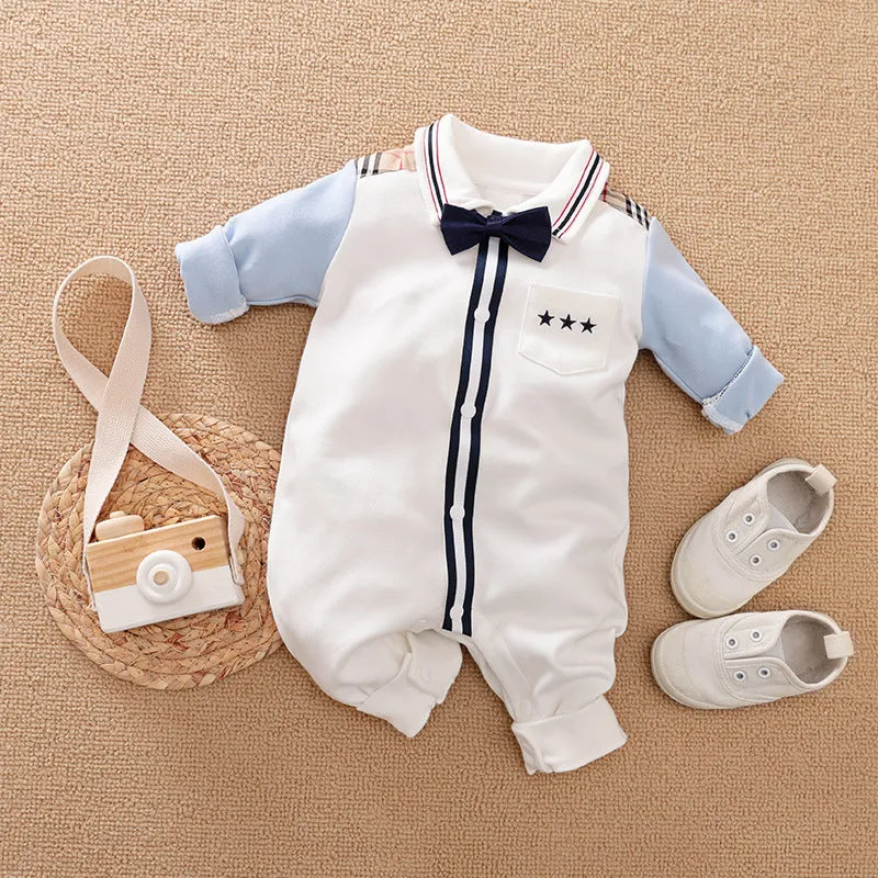 Gentleman-style long-sleeved cotton romper for a baby boy showing size chart