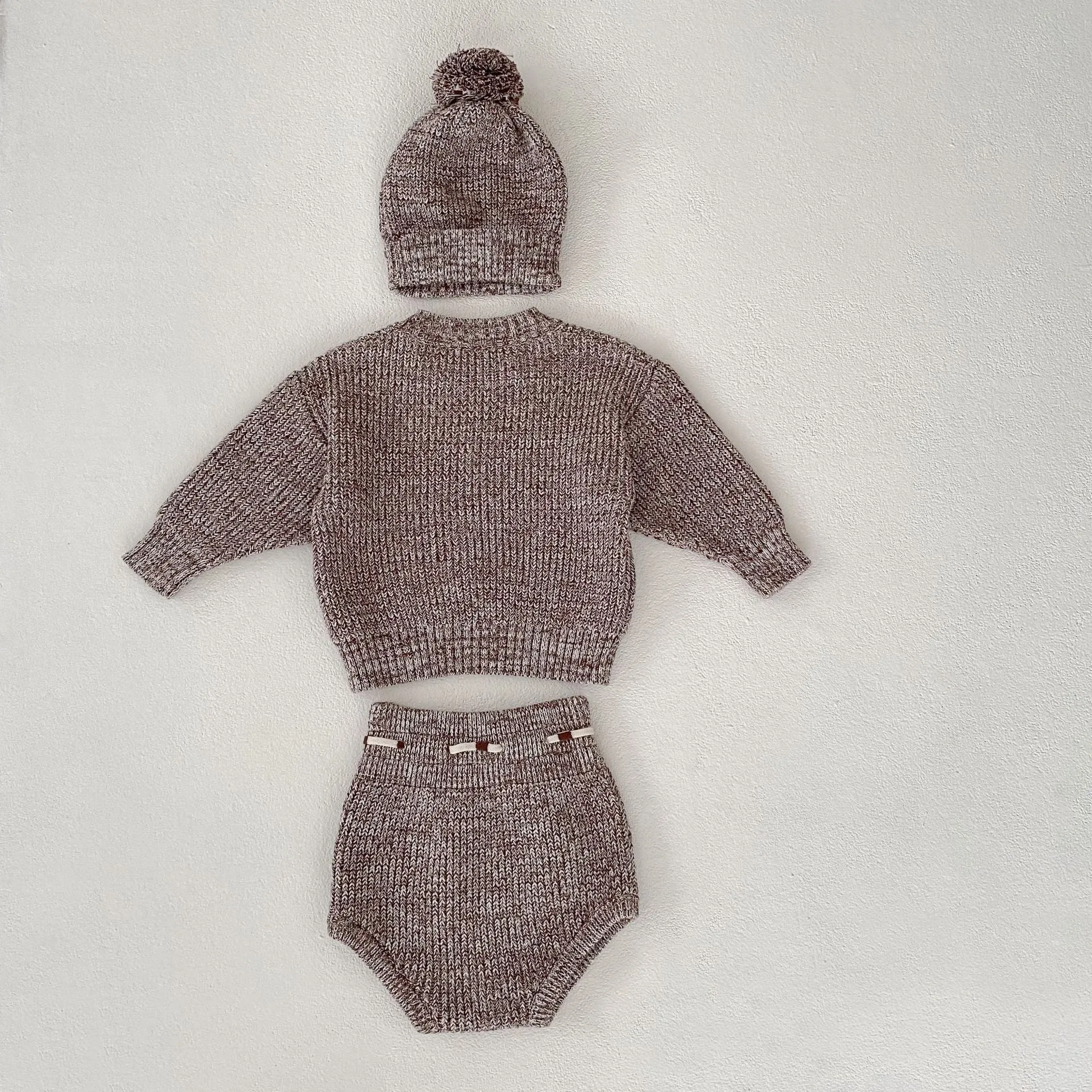 Dark brown cotton knitted three-piece set for infant girl with fur ball hat