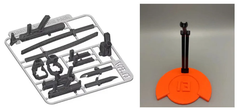 Unassembled 3D printed robot model kit with multi-jointed parts on a table