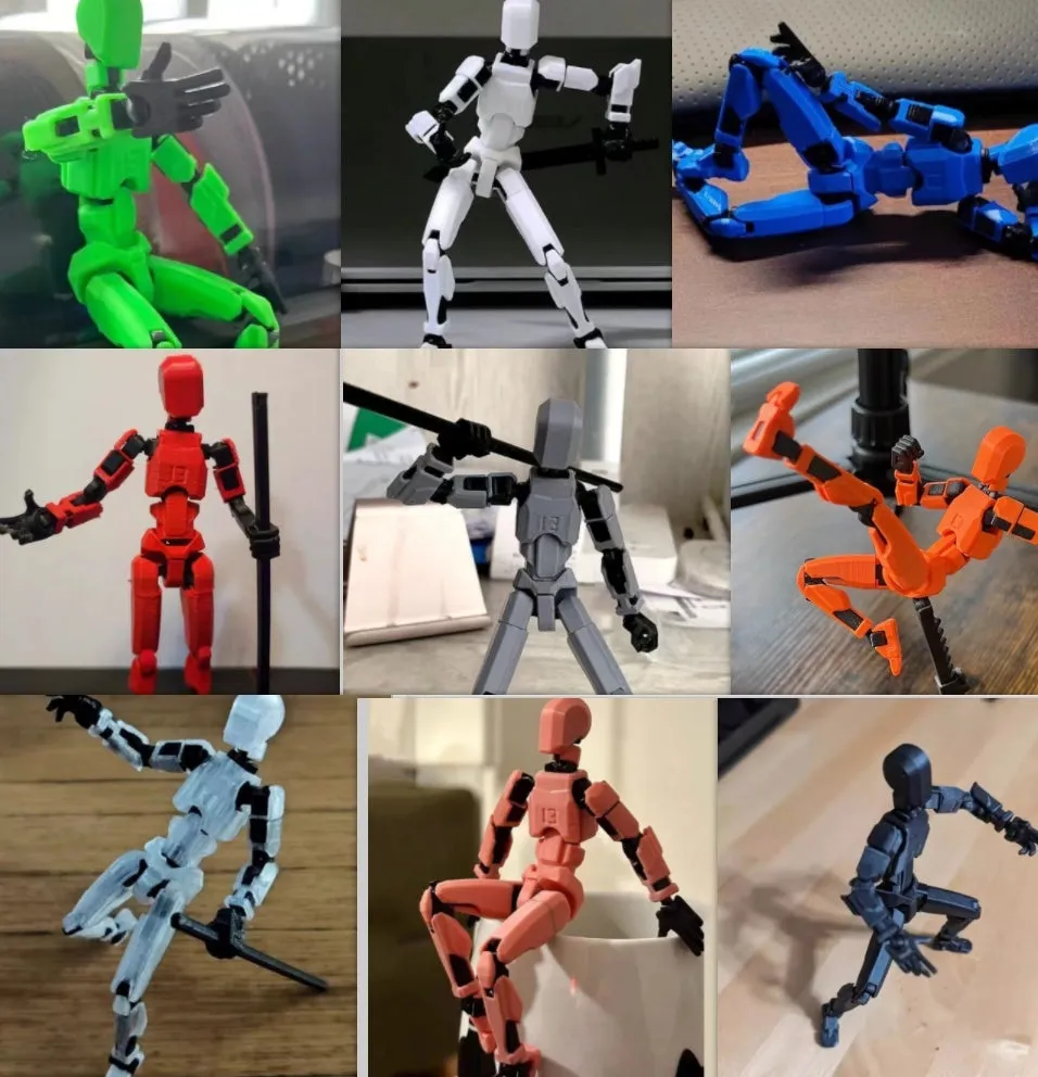 Unassembled 3D printed robot model kit with multi-jointed parts on a table