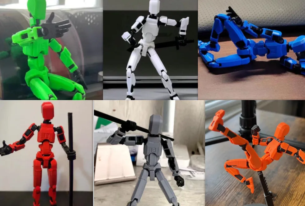 Unassembled 3D printed robot model kit with multi-jointed parts on a table