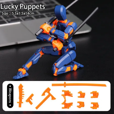 Unassembled 3D printed robot model kit with multi-jointed parts on a table