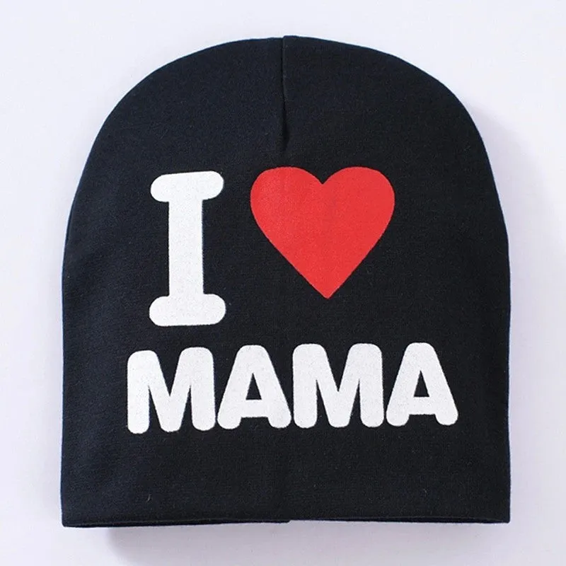 Baby winter hat in grey with 'Love Mama' embroidery, laid flat showing its 20cm height.