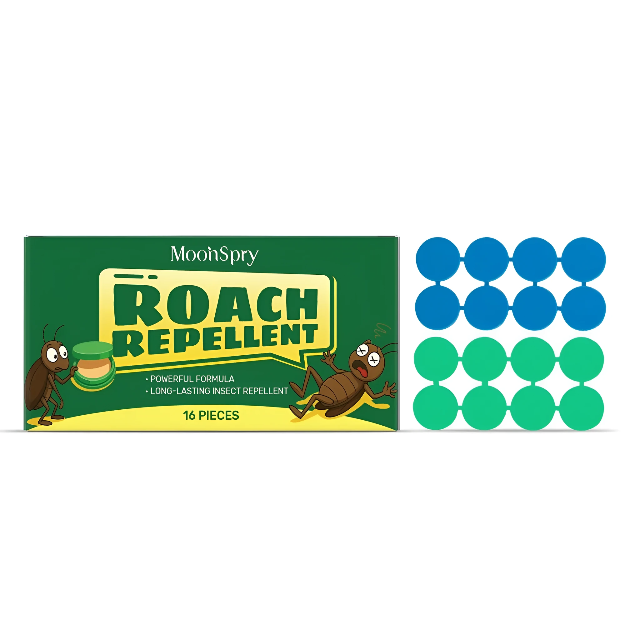 Pack of sixteen cockroach bait paste traps with adhesive backing for indoor pest control.