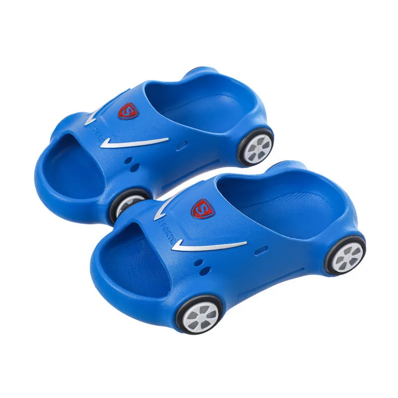Children's luminous cartoon car design sandals with anti-slip soles on a blue background.