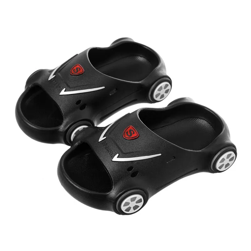 Children's luminous cartoon car design sandals with anti-slip soles on a blue background.