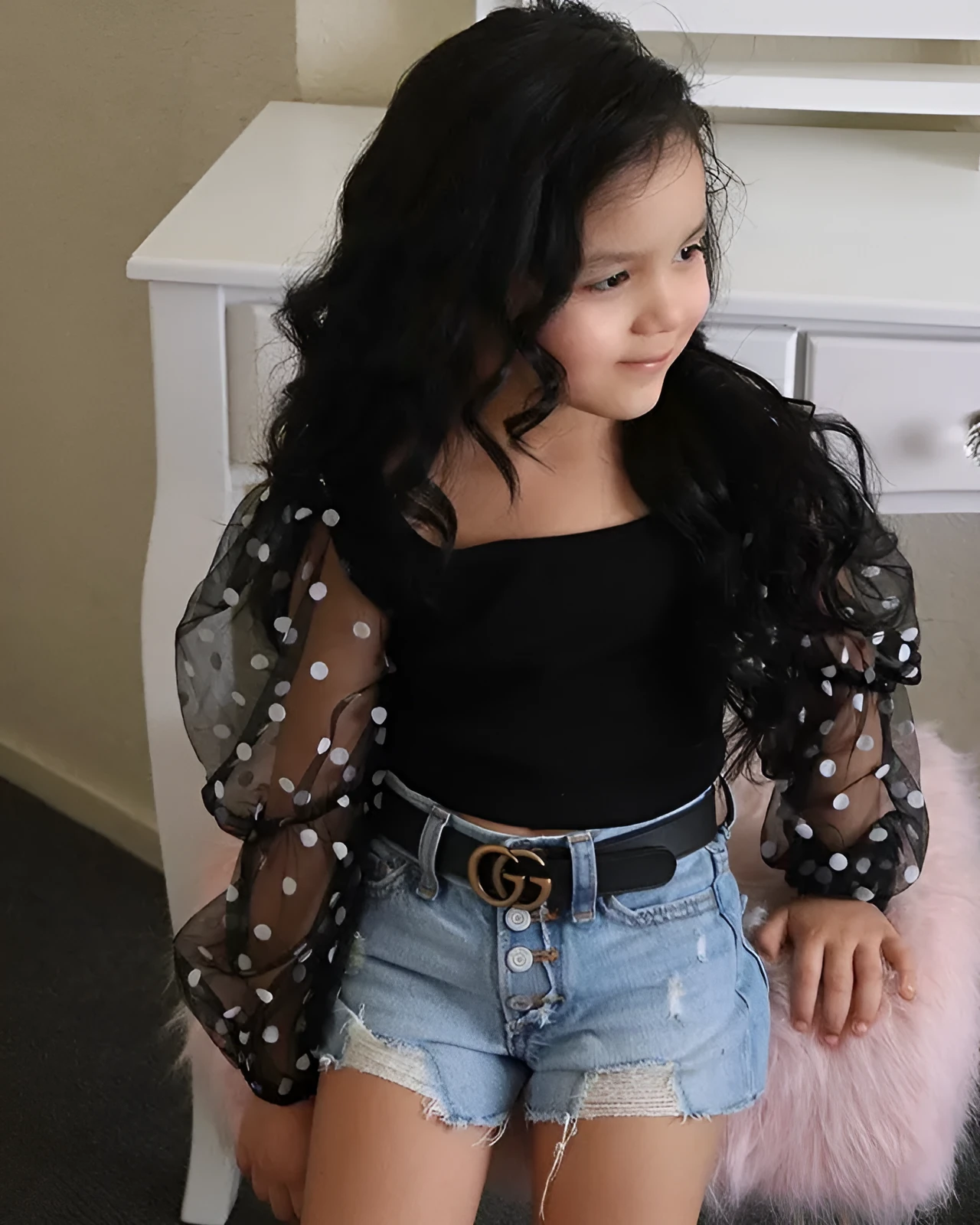 Black children's suit with striped top featuring cotton dot mesh sleeves and ripped denim shorts