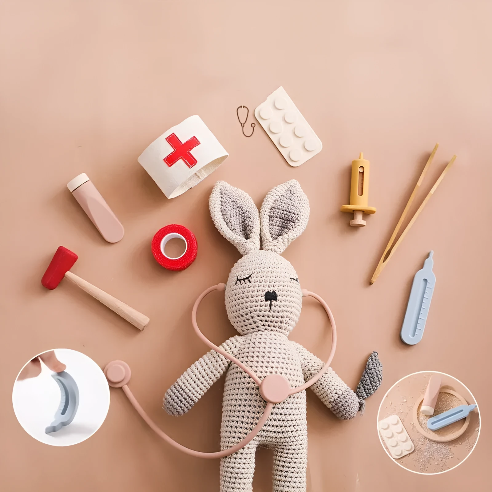 Wooden children's doctor play set with stethoscope and medical tools in cloth bag packaging