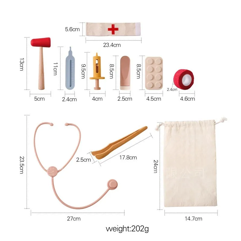 Wooden children's doctor play set with stethoscope and medical tools in cloth bag packaging