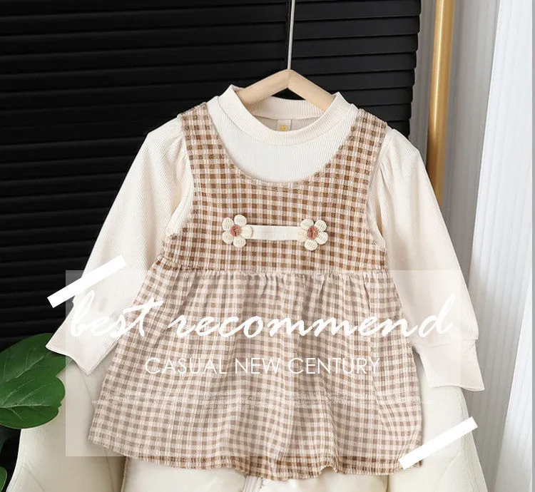 Baby girl wearing dark coffee plaid Korean style dress suit with matching shirt