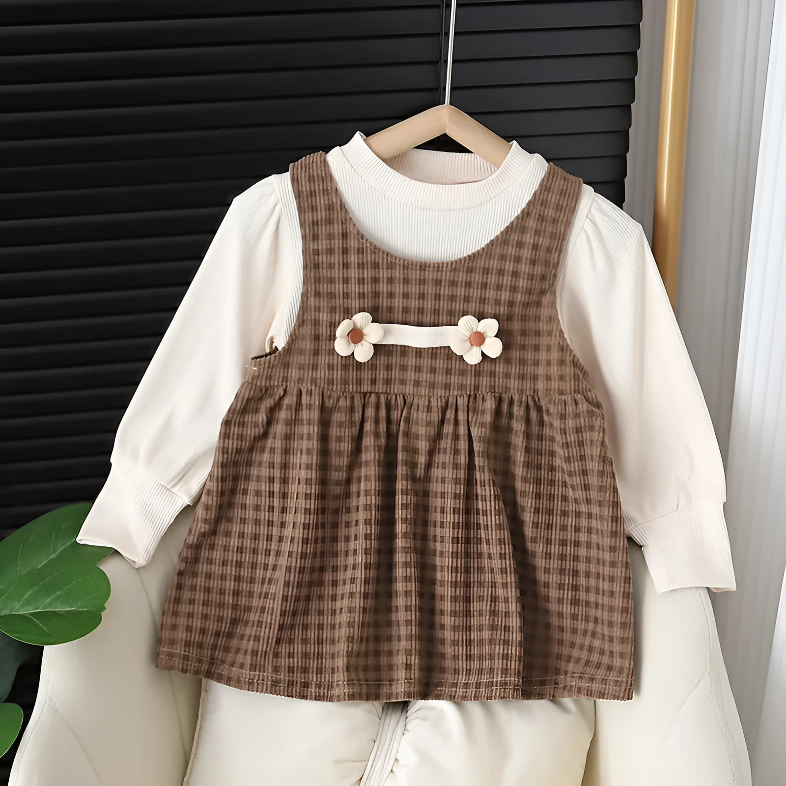 Baby girl wearing dark coffee plaid Korean style dress suit with matching shirt