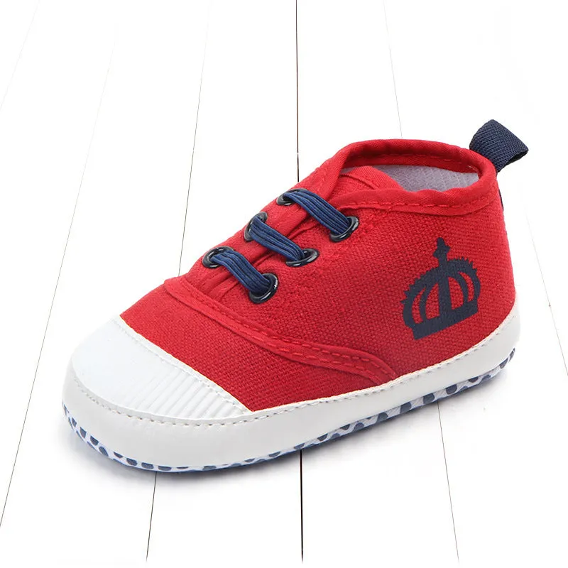 Red and white cotton canvas toddler shoes with elastic band closure