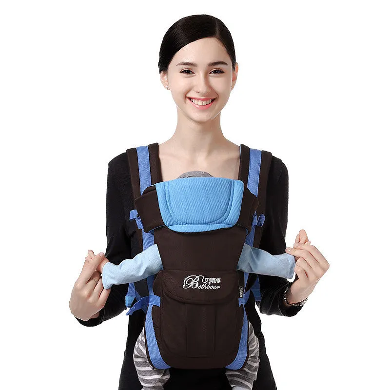 Four Seasons baby carrier sling in polyester-cotton fabric showing multiple carrying positions