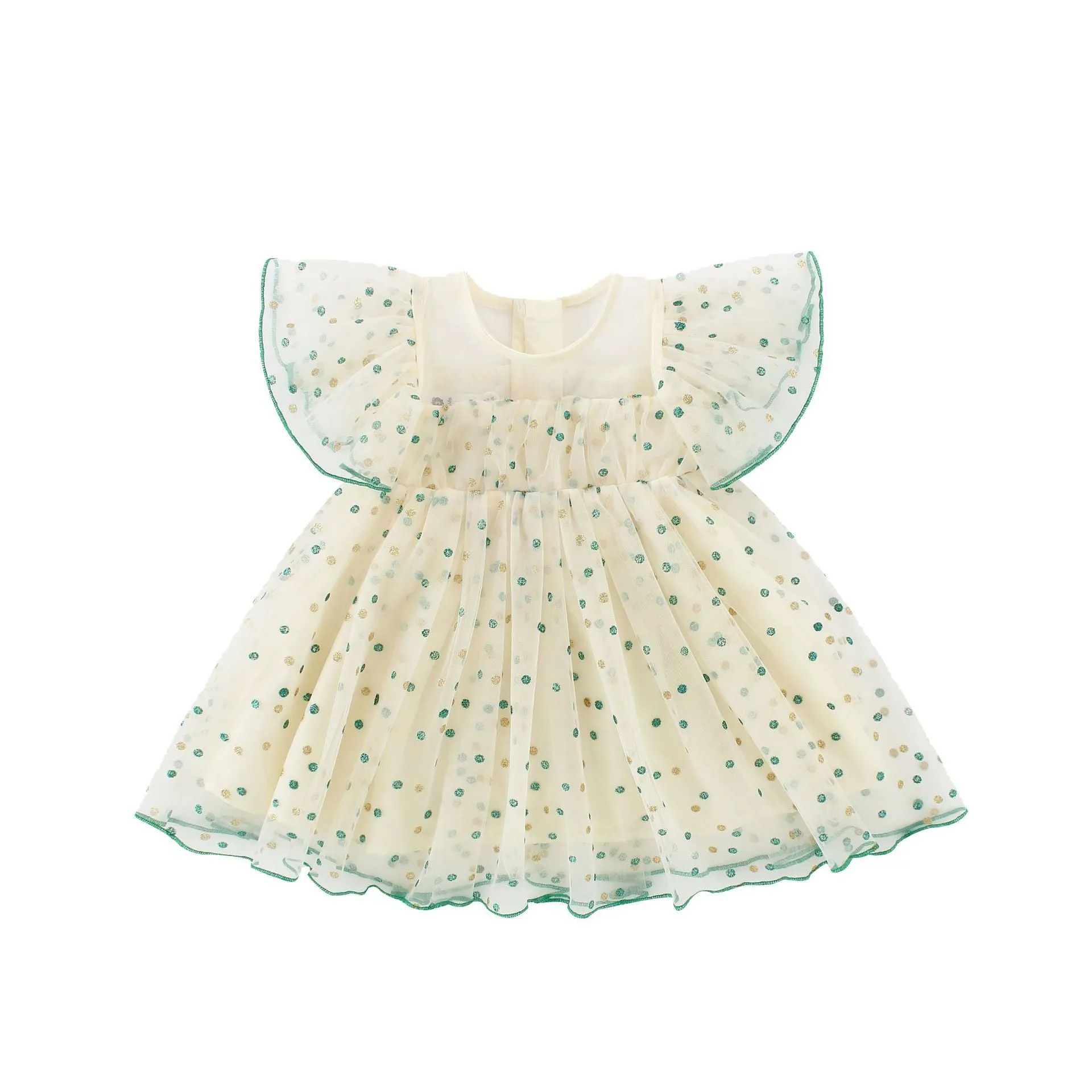 Girls green and yellow striped cotton romper dress with sleeveless A-line design for ages 3-8