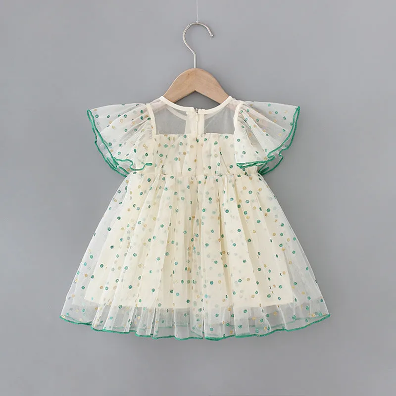 Girls green and yellow striped cotton romper dress with sleeveless A-line design for ages 3-8