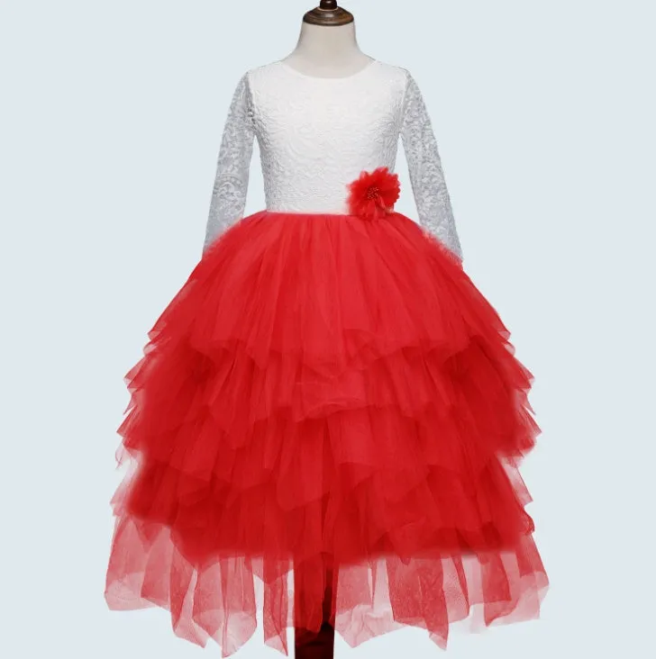 White long-sleeved lace princess dress for girls with an irregular hemline, shown on a hanger.