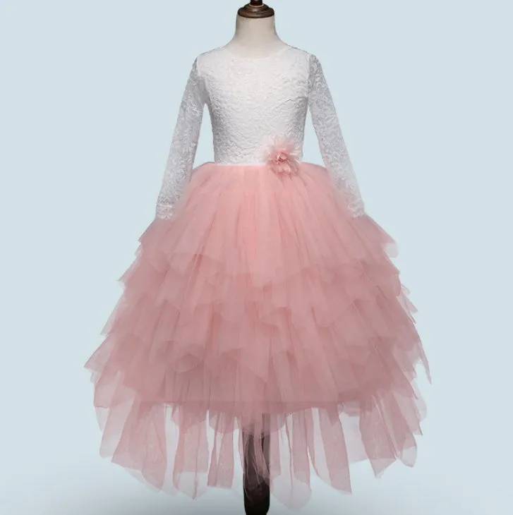 White long-sleeved lace princess dress for girls with an irregular hemline, shown on a hanger.