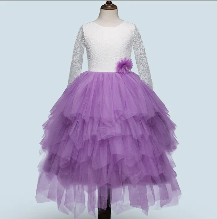 White long-sleeved lace princess dress for girls with an irregular hemline, shown on a hanger.