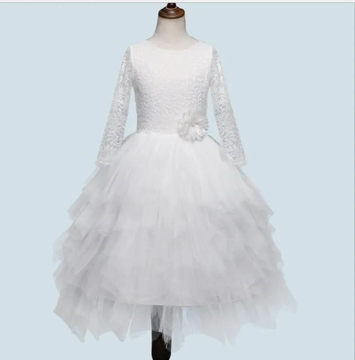 White long-sleeved lace princess dress for girls with an irregular hemline, shown on a hanger.