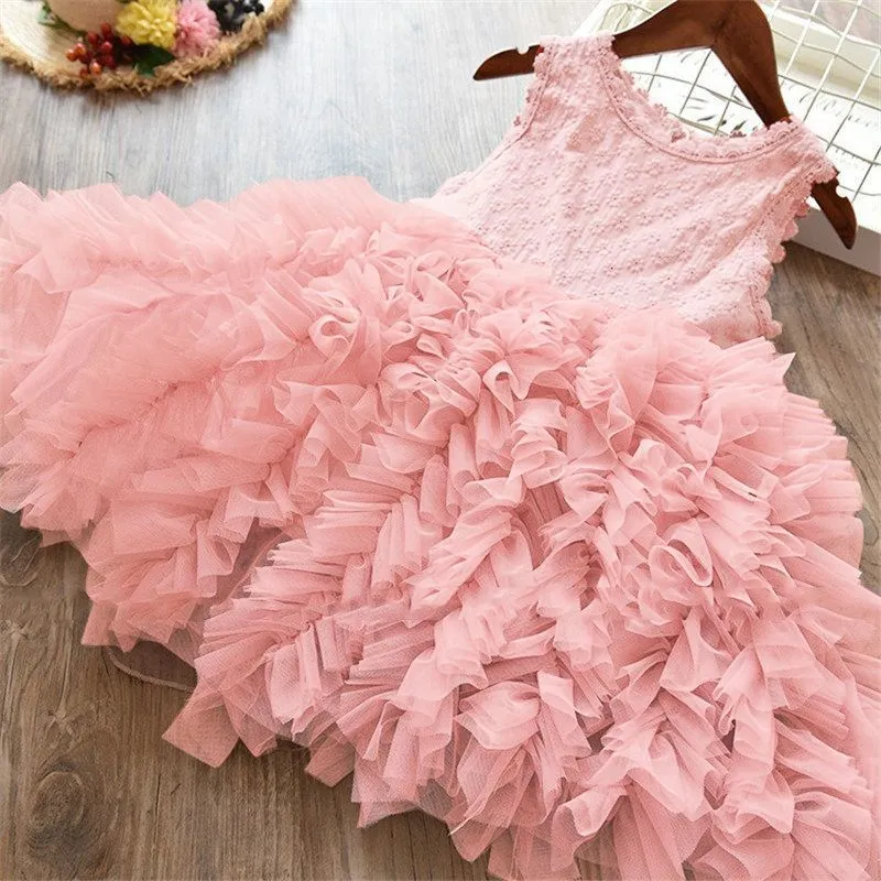 White long-sleeved lace princess dress for girls with an irregular hemline, shown on a hanger.
