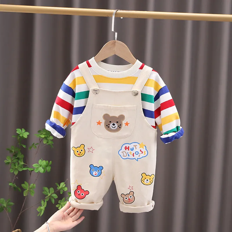 Yellow cotton plaid boys overalls suit with shirt and strap pants for child height 100cm