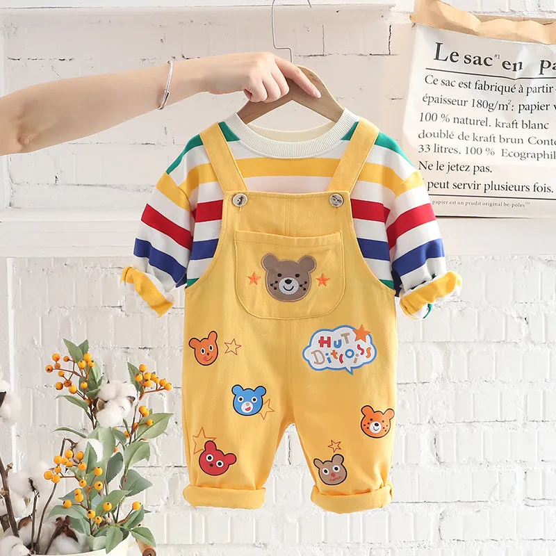 Yellow cotton plaid boys overalls suit with shirt and strap pants for child height 100cm