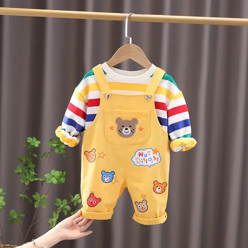 Yellow cotton plaid boys overalls suit with shirt and strap pants for child height 100cm