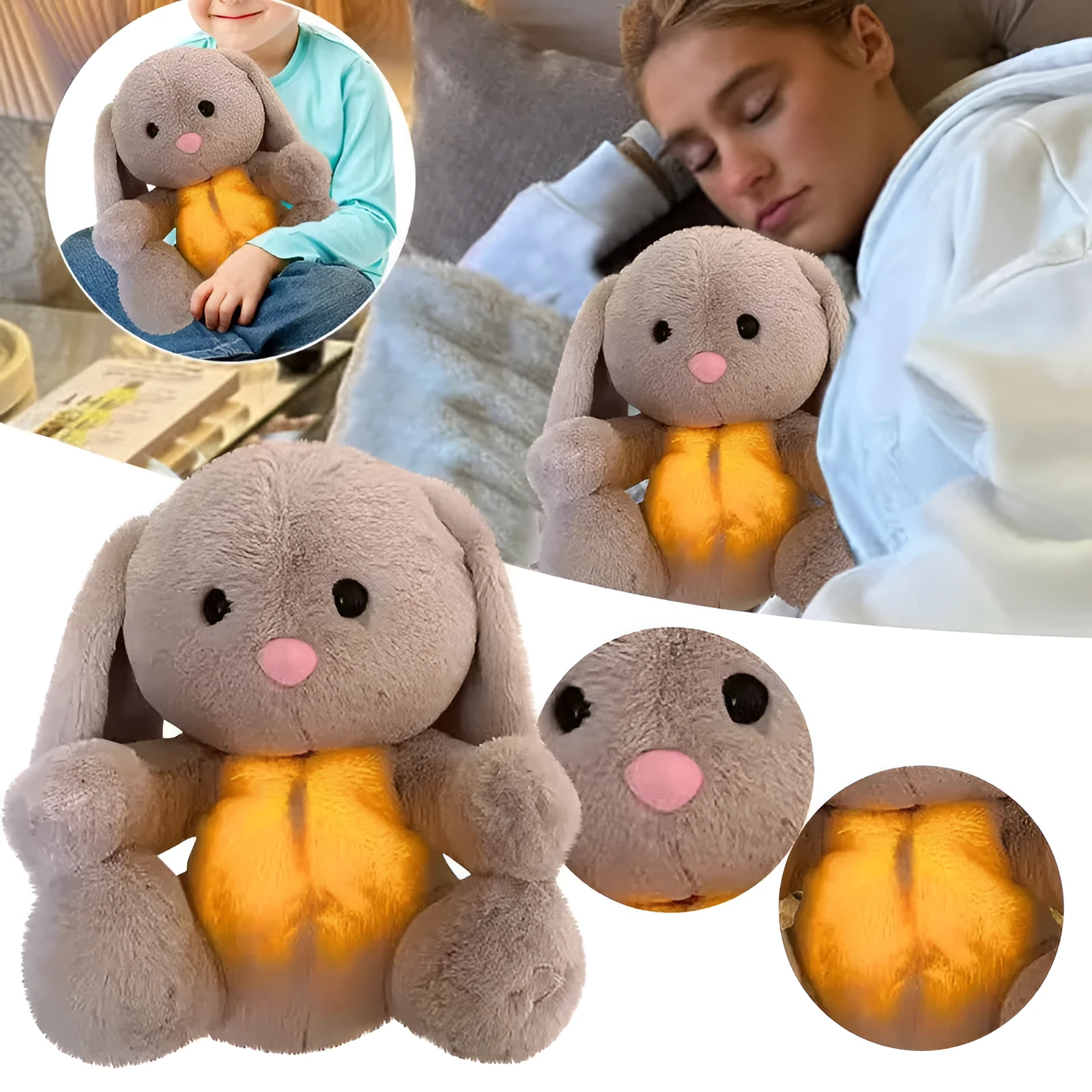 32cm breathing rabbit plush toy with soft belly showing rhythmic motion for infant calming