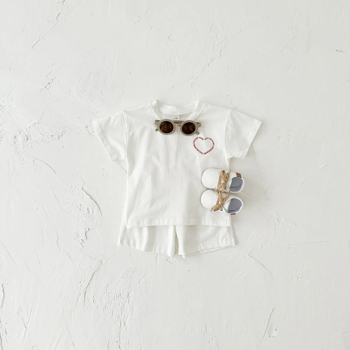 Korean style baby cotton two-piece suit set with heart printing and plaid pattern, shown in grey.