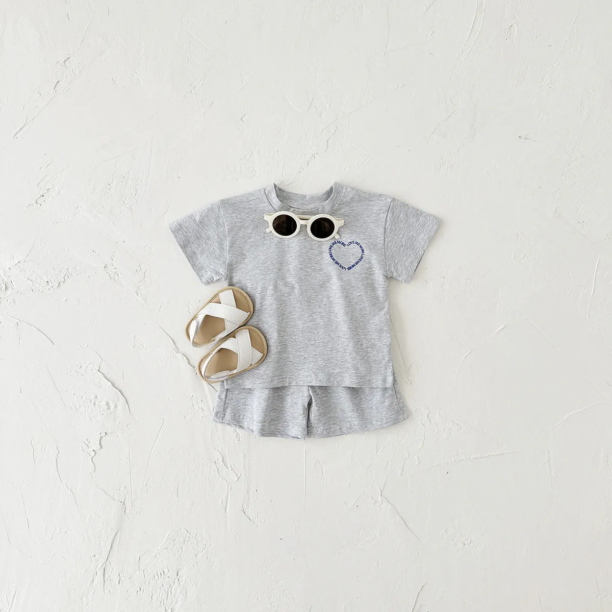 Korean style baby cotton two-piece suit set with heart printing and plaid pattern, shown in grey.