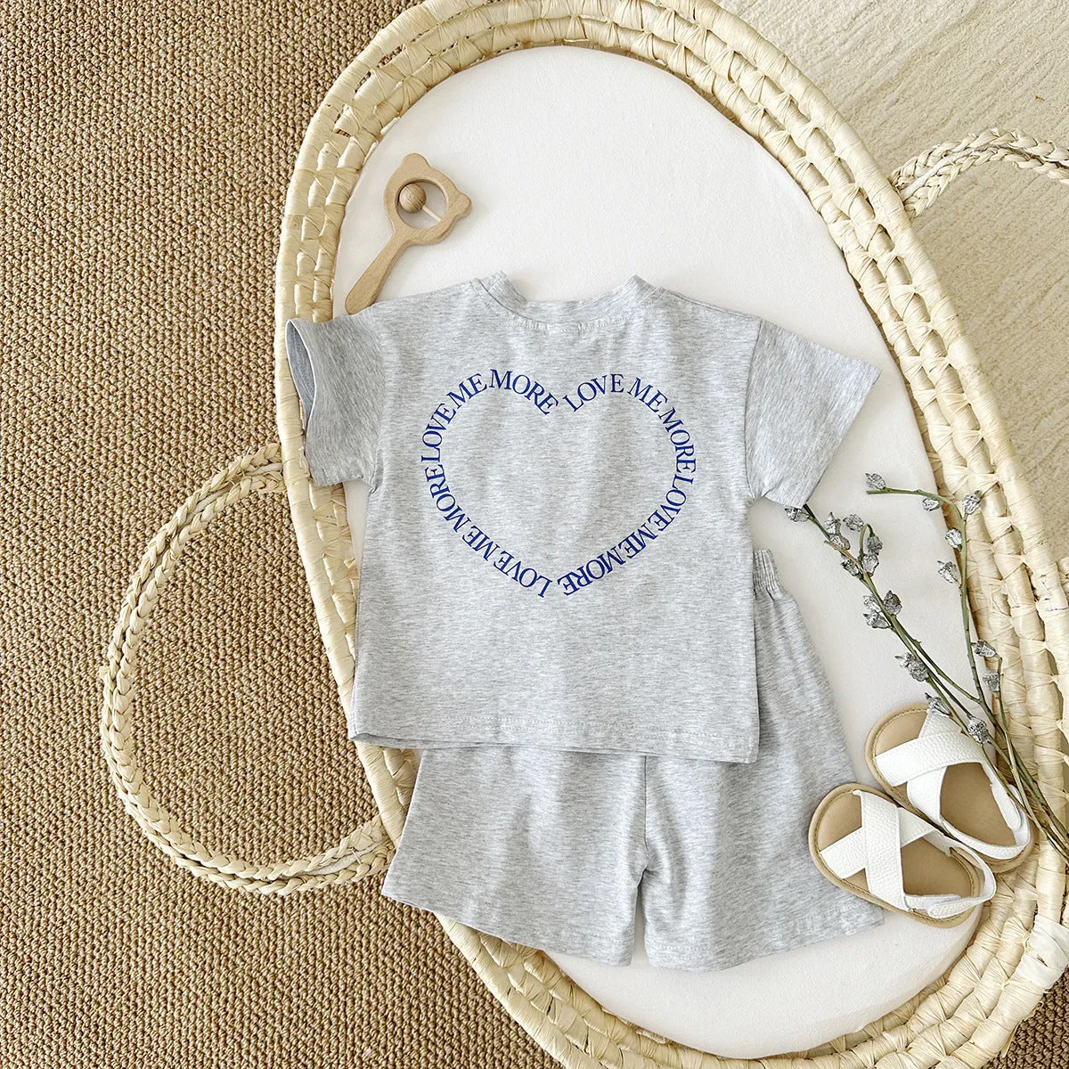 Korean style baby cotton two-piece suit set with heart printing and plaid pattern, shown in grey.