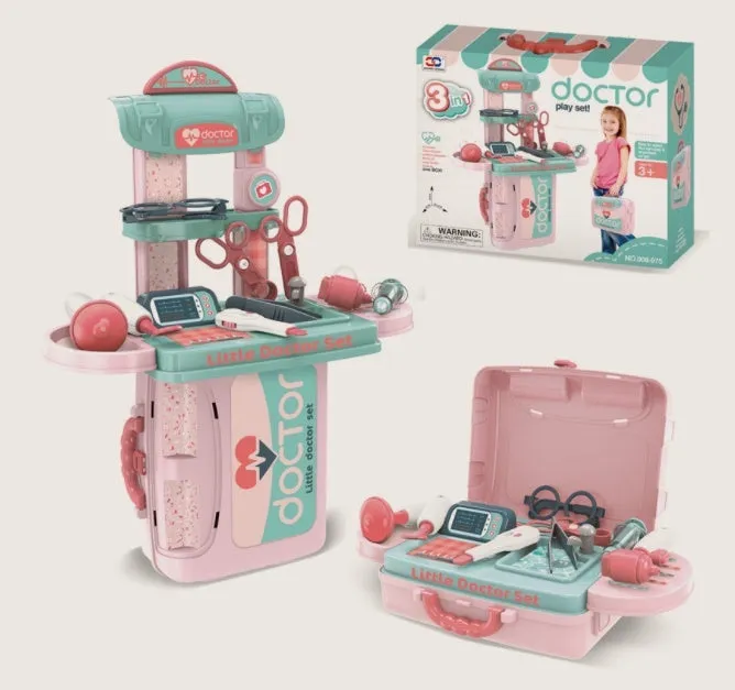 Children's doctor makeup dress-up toy set with plastic accessories in colour-coded cases