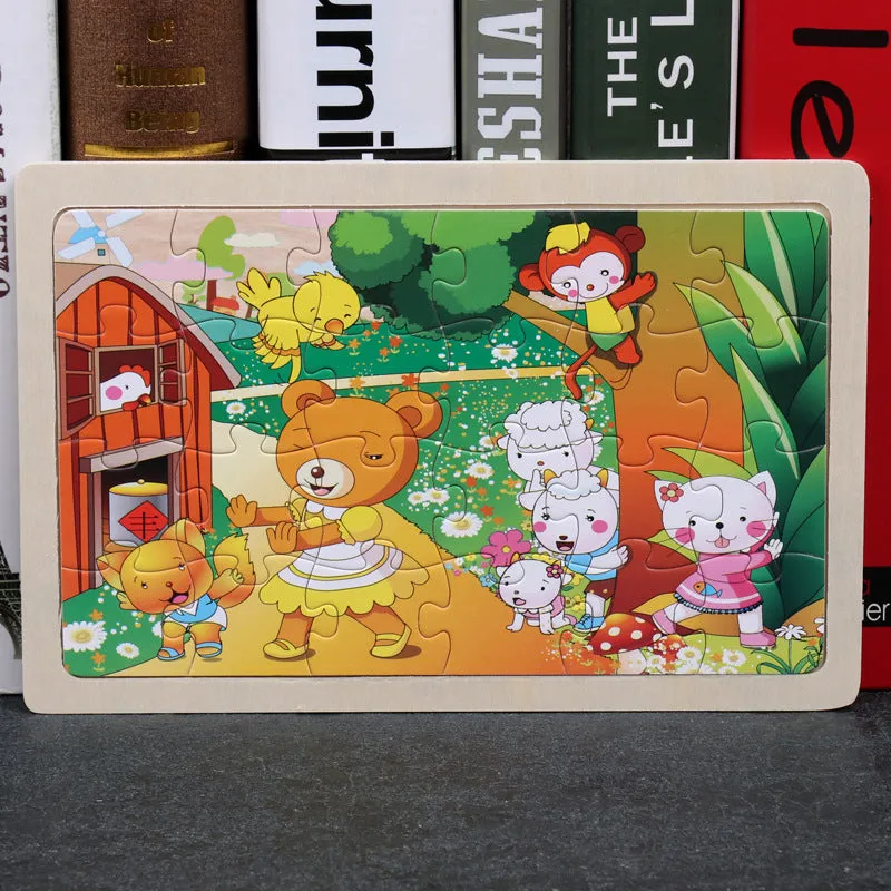 80-piece wooden educational puzzle set for children with animal designs in an iron storage box