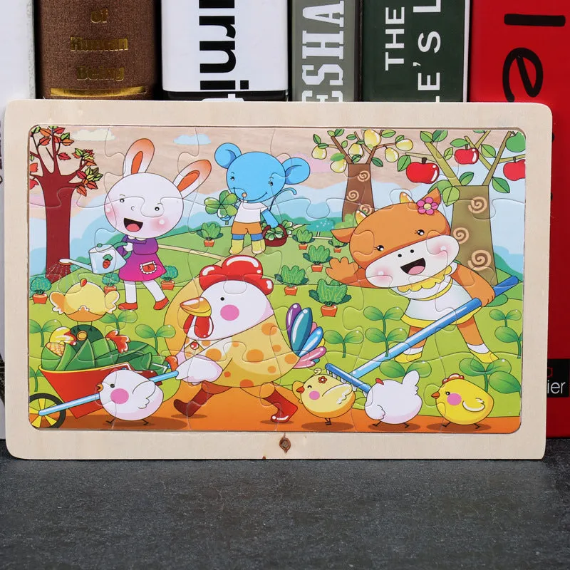 80-piece wooden educational puzzle set for children with animal designs in an iron storage box