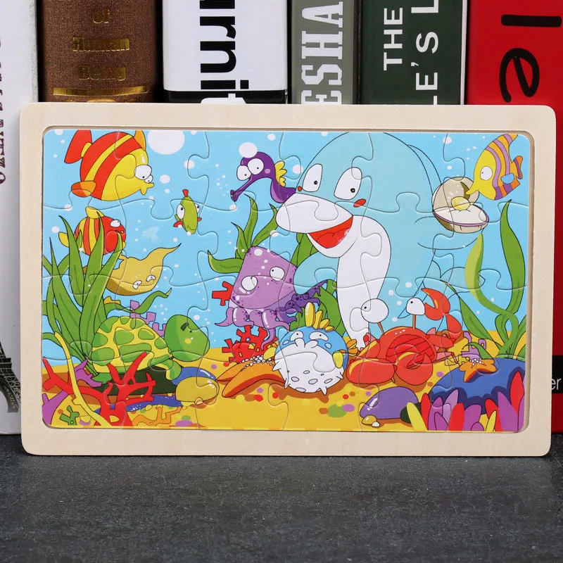 80-piece wooden educational puzzle set for children with animal designs in an iron storage box