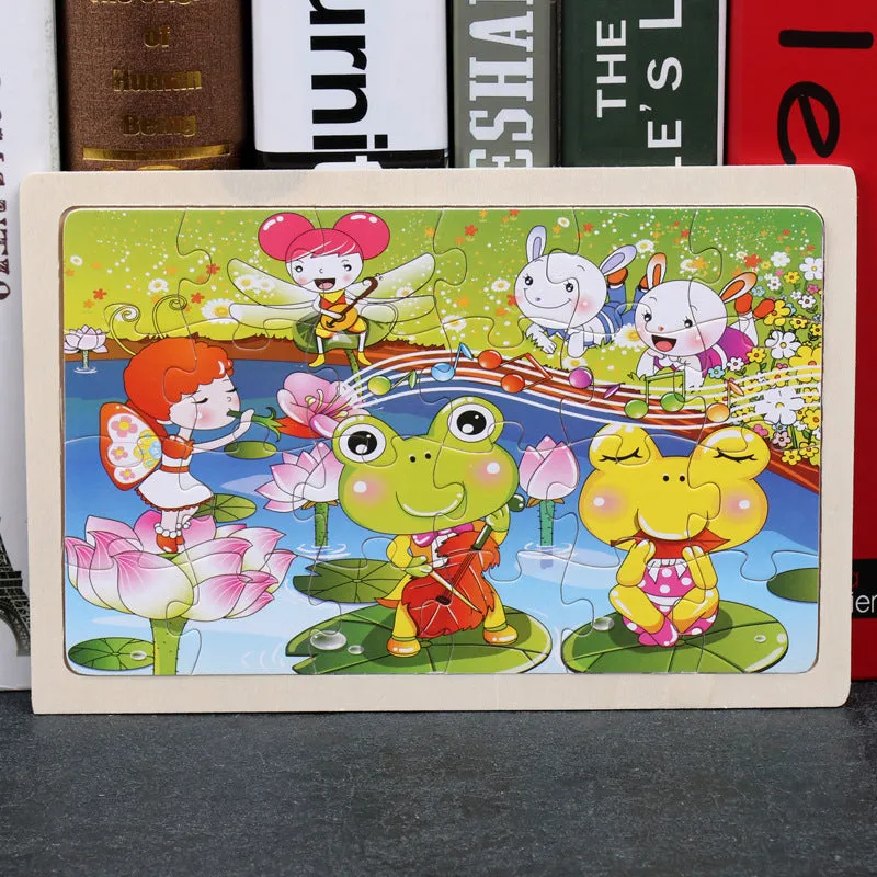 80-piece wooden educational puzzle set for children with animal designs in an iron storage box