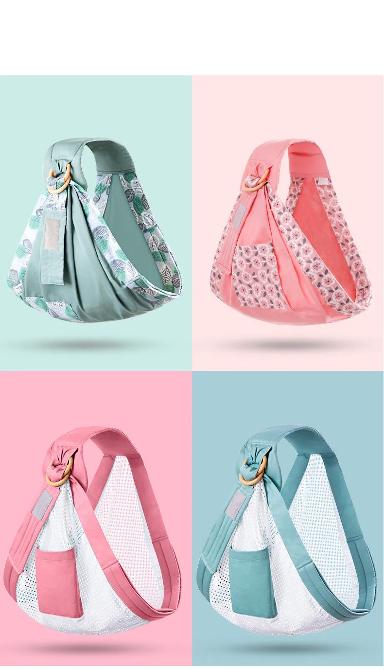 Adjustable baby wrap carrier sling shown in multiple colours, suitable for infants 0-36 months.