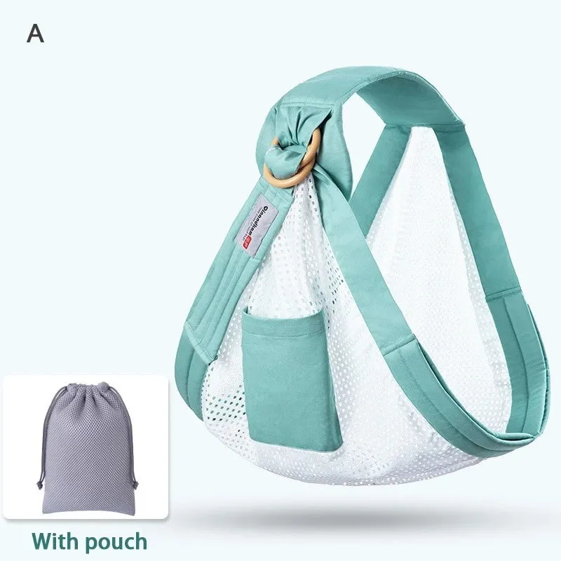 Adjustable baby wrap carrier sling shown in multiple colours, suitable for infants 0-36 months.