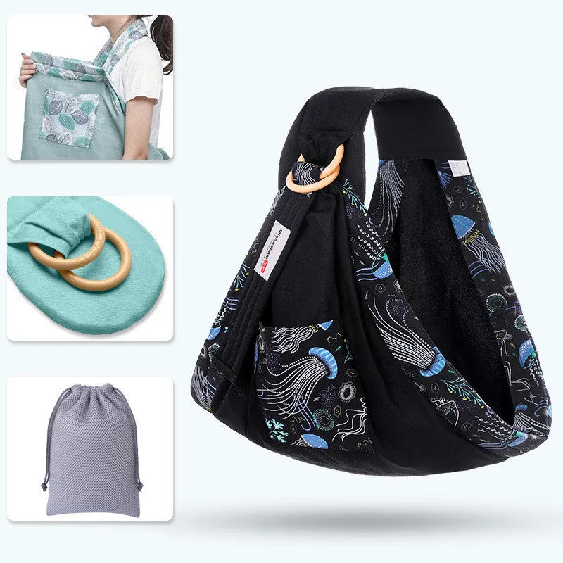 Adjustable baby wrap carrier sling shown in multiple colours, suitable for infants 0-36 months.