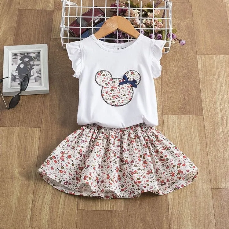 A girls' polyester playsuit outfit for summer in black, pink, or white, available in sizes 2T to 6T.