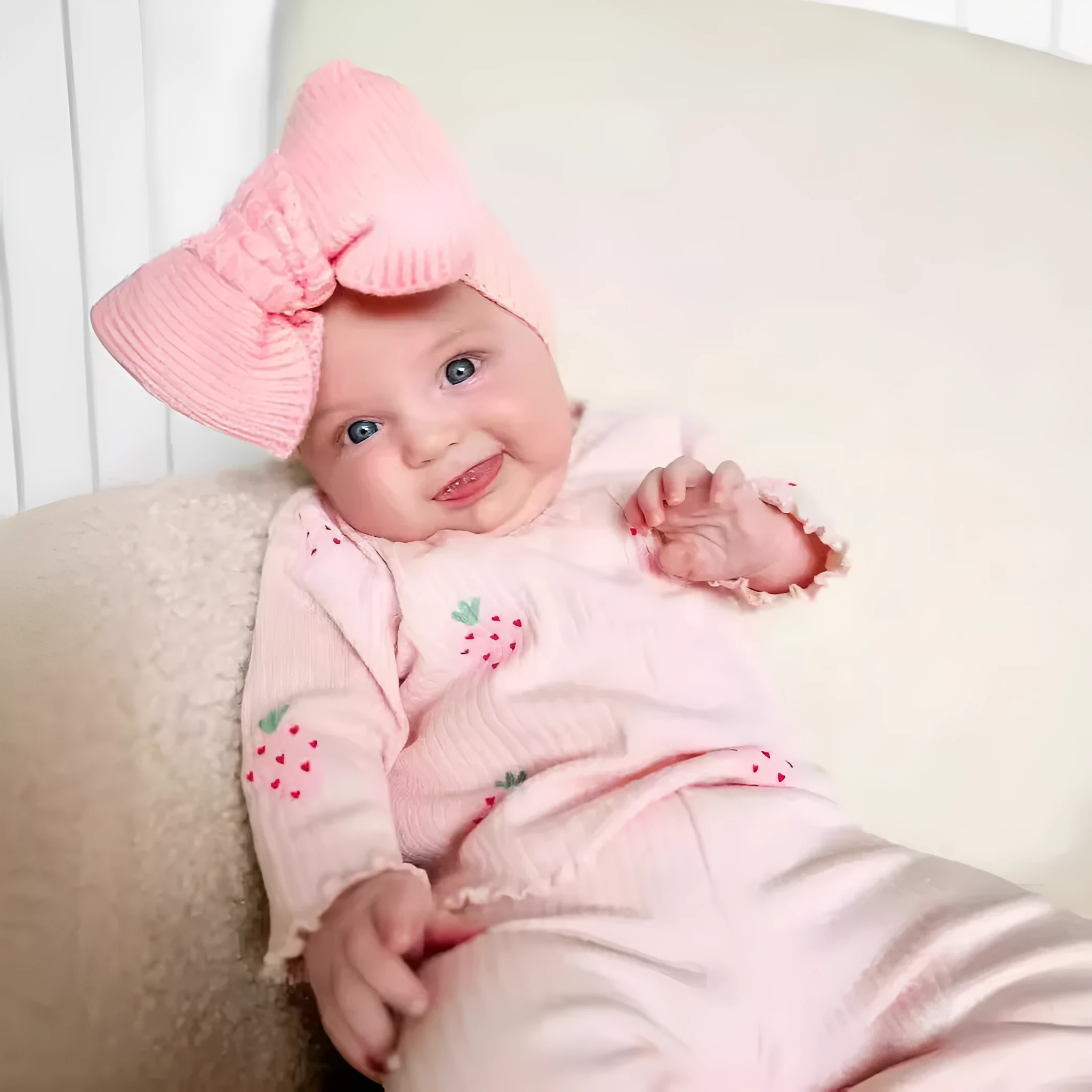 Infant wearing a printed long-sleeve top, solid trousers, and matching cap from the 3-piece suit set.